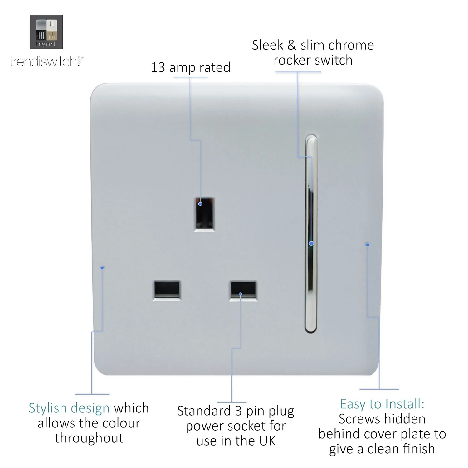 Trendi Switch 1 Gang 13 Amp Plug Socket In Screwless Silver 3 Trendi Switch 1 Gang 13 Amp Plug Socket In Screwless Silver - Image 3