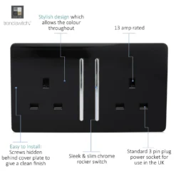 Trendi Switch 2 Gang 13 Amp Long Switched Plug Socket In Screwless Black -None || EGLO || Energizer Sales 12828254 1904929324828909