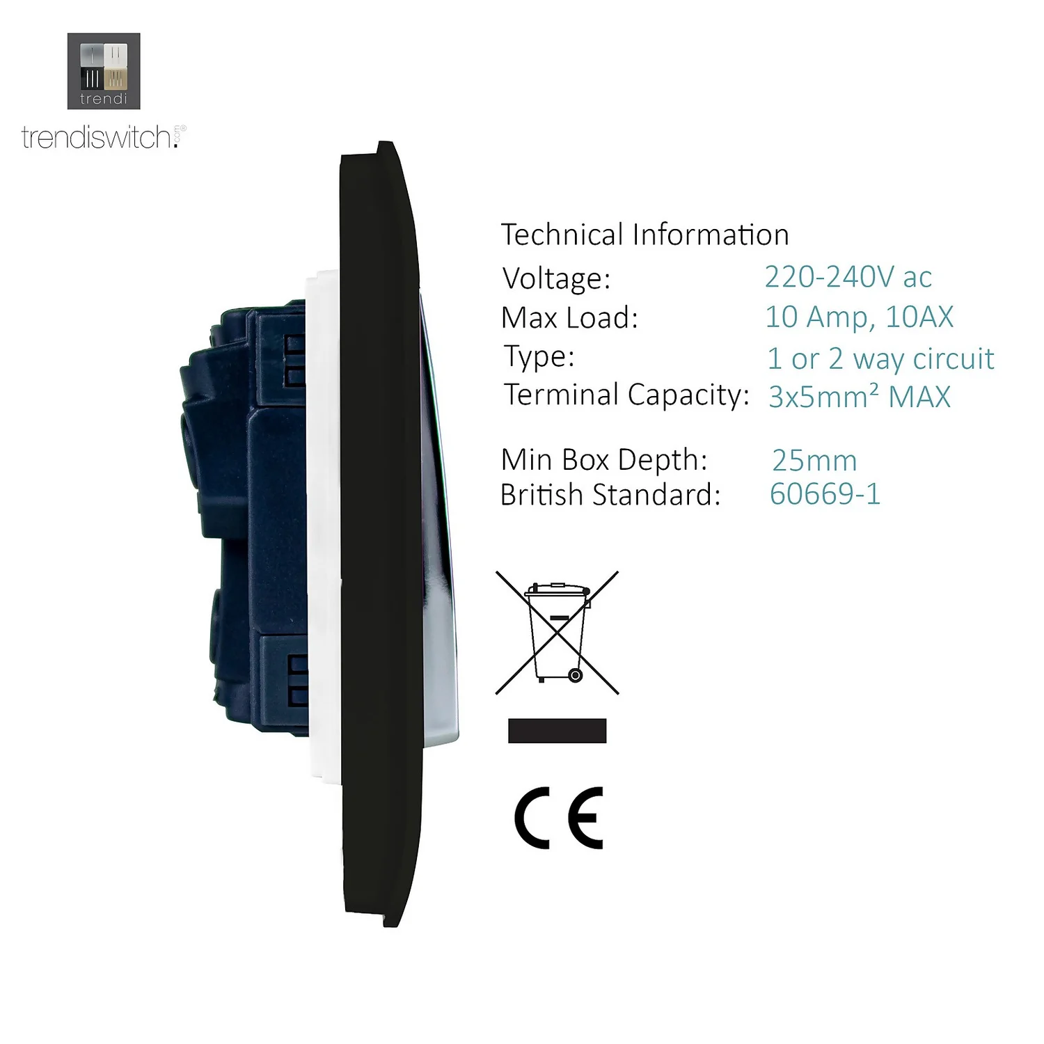 Trendi Switch 1 Gang 2 Way 10 Amp Rocker Light Switch In Screwless Black 5 Trendi Switch 1 Gang 2 Way 10 Amp Rocker Light Switch In Screwless Black - Image 5