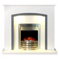 Αδάμ Adam Tuscany Fireplace Surround & Comet Electric Fire With Downlights & Flat To Wall Fitting - White, Grey & Brushed Steel