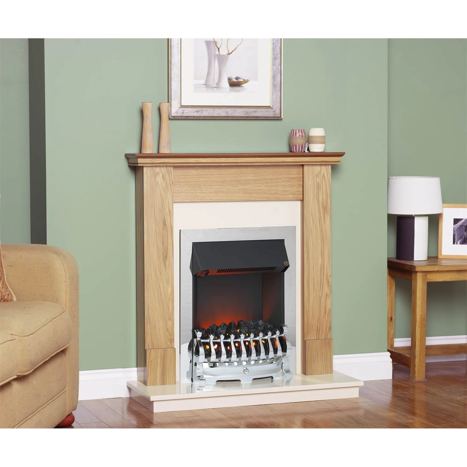 Suncrest Howden Electric Fire Suite With Flat To Wall Fitting - Oak & Chrome 1 Suncrest Howden Electric Fire Suite With Flat To Wall Fitting - Oak & Chrome