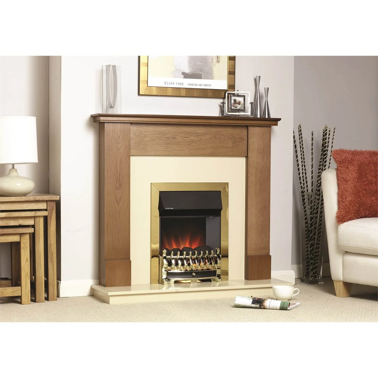 Suncrest Howden Electric Fire Suite With Flat To Wall Fitting - Oak & Brass 1 Suncrest Howden Electric Fire Suite With Flat To Wall Fitting - Oak & Brass