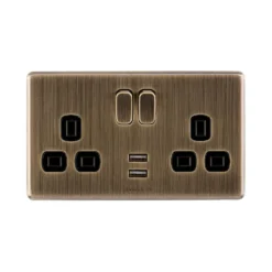 Arlec Fusion 13A 2 Gang Antique Brass Double Switched Socket With 2x4A USB -None || EGLO || Energizer Sales 12835372 1804833171630987