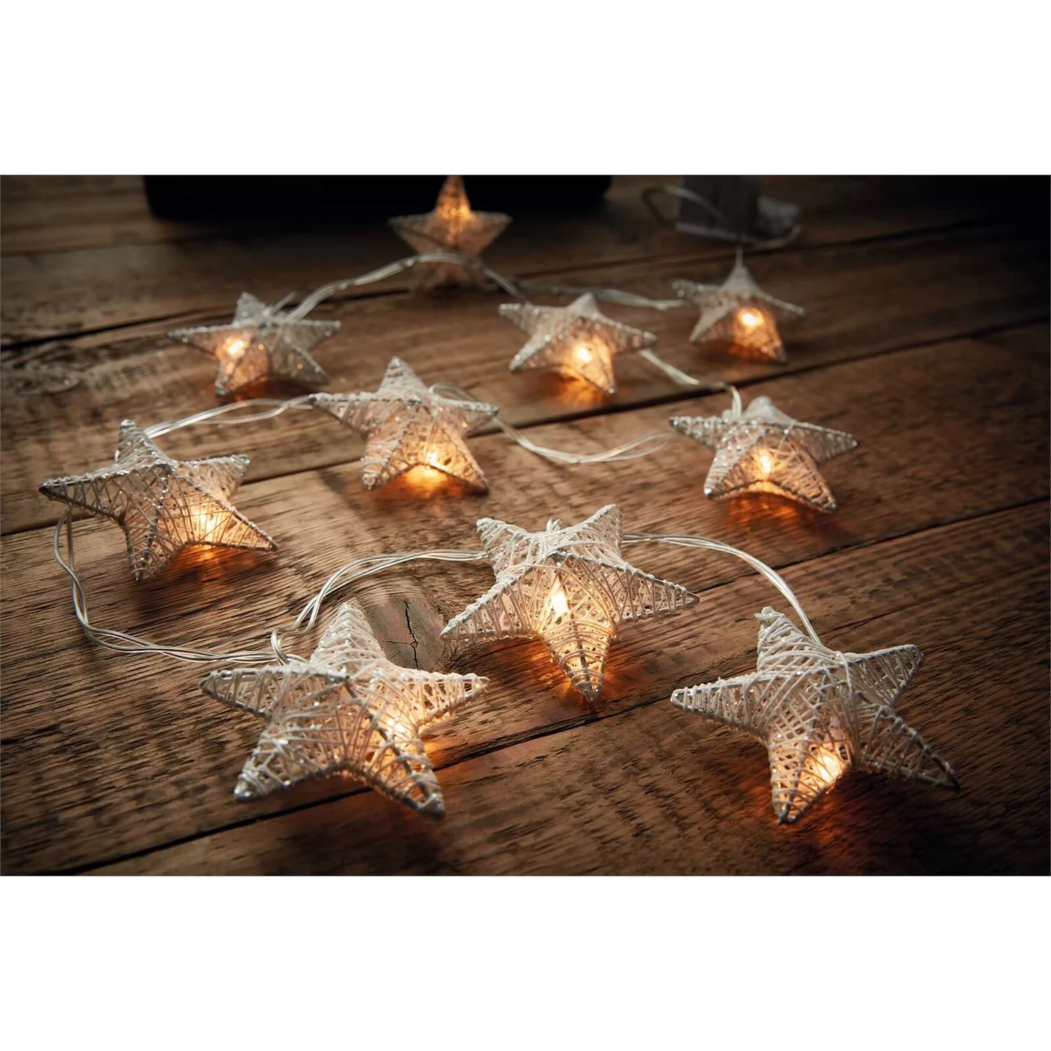 10 White Glitter Star Christmas String Lights (Battery Operated) 2 10 White Glitter Star Christmas String Lights (Battery Operated) - Image 2