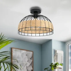 Eglo Anwick Black And Rattan Ceiling Light