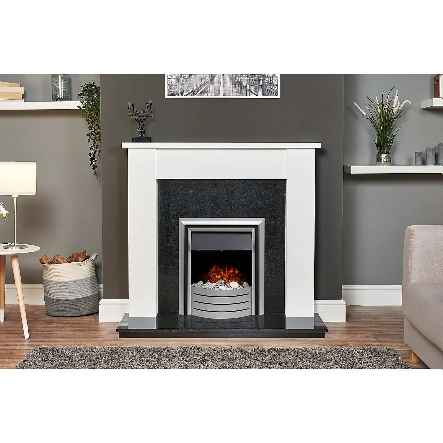 Αδάμ Adam Buxton Fireplace Surround & Lynx Electric Fire With Flat To Wall Fitting - White & Black Granite 2 Αδάμ Adam Buxton Fireplace Surround & Lynx Electric Fire With Flat To Wall Fitting - White & Black Granite - Image 2