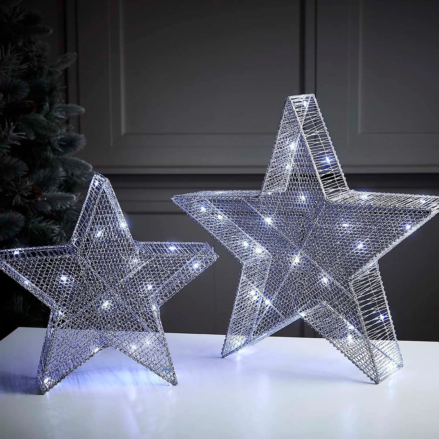 Silver Mesh Star Christmas Lights - Set Of 2 1 Silver Mesh Star Christmas Lights - Set Of 2