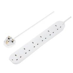 Masterplug 6 Socket 2 Metre 13 Amp White Extension Lead With Power Indicator