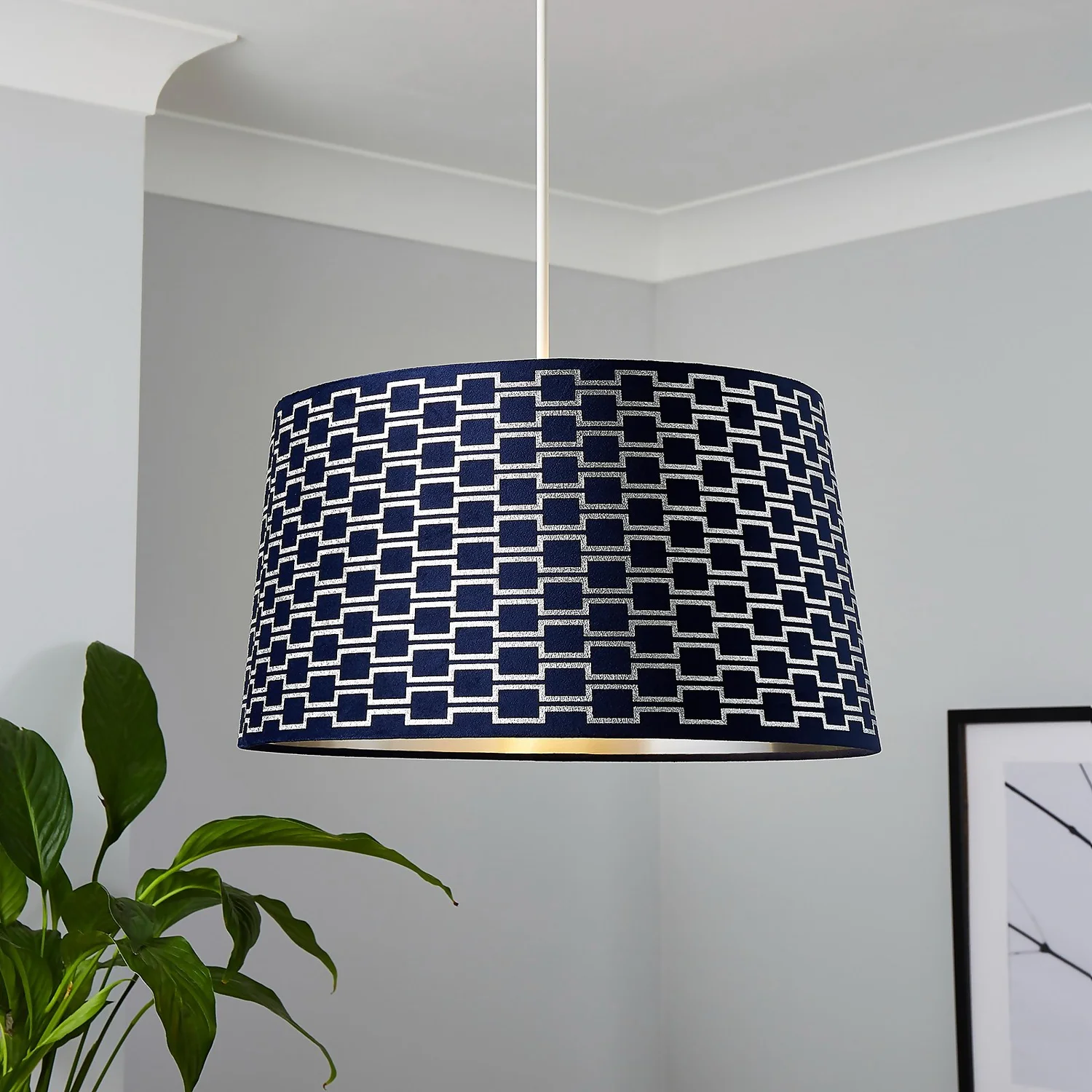 Mia Velvet 43cm Patterned Lamp Shade - Navy 1 Mia Velvet 43cm Patterned Lamp Shade - Navy