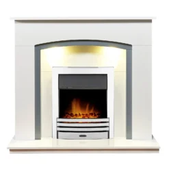 Αδάμ Adam Savanna Fireplace In Pure White & Grey With Downlights & Eclipse Electric Fire With Inset Fitting In Chrome, 48 Inch
