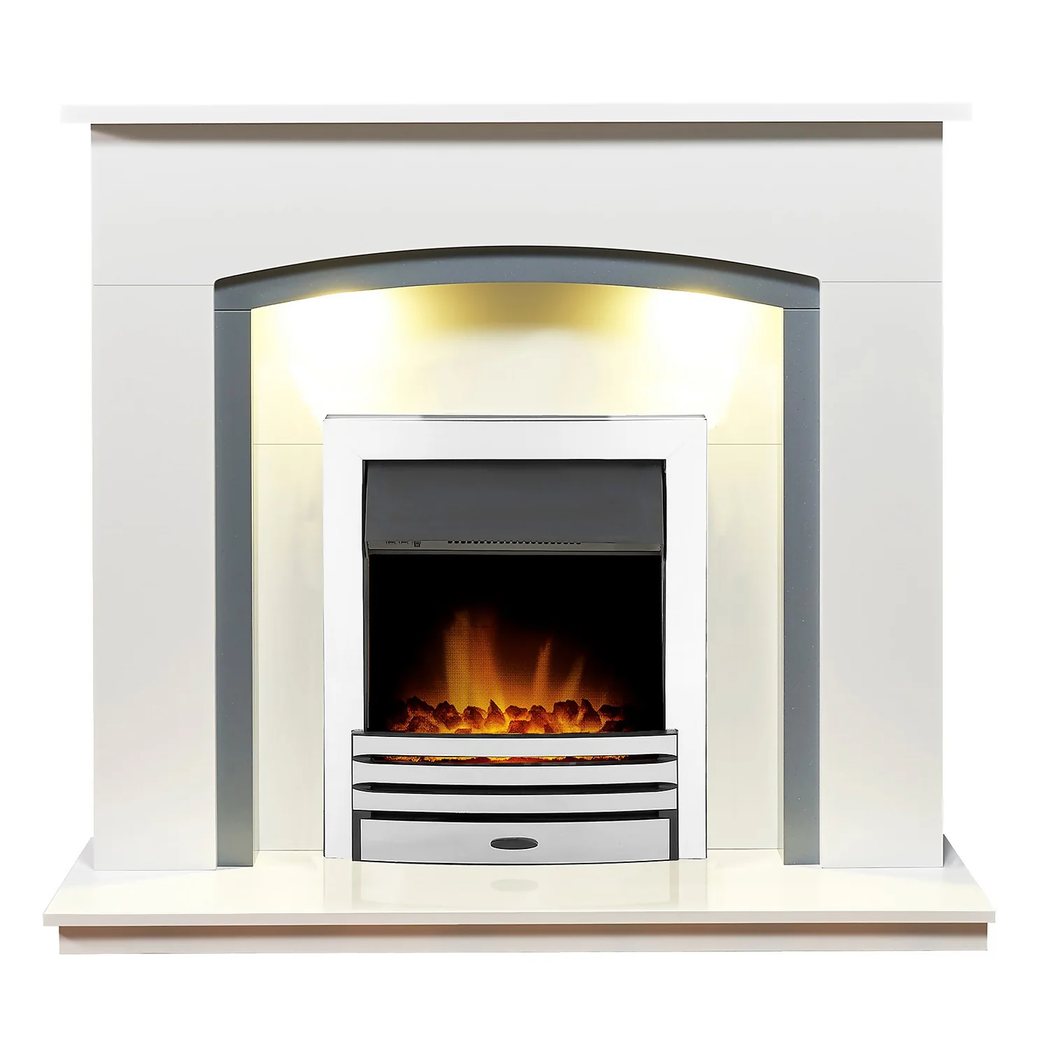 Αδάμ Adam Savanna Fireplace In Pure White & Grey With Downlights & Eclipse Electric Fire With Inset Fitting In Chrome, 48 Inch 1 Αδάμ Adam Savanna Fireplace In Pure White & Grey With Downlights & Eclipse Electric Fire With Inset Fitting In Chrome, 48 Inch