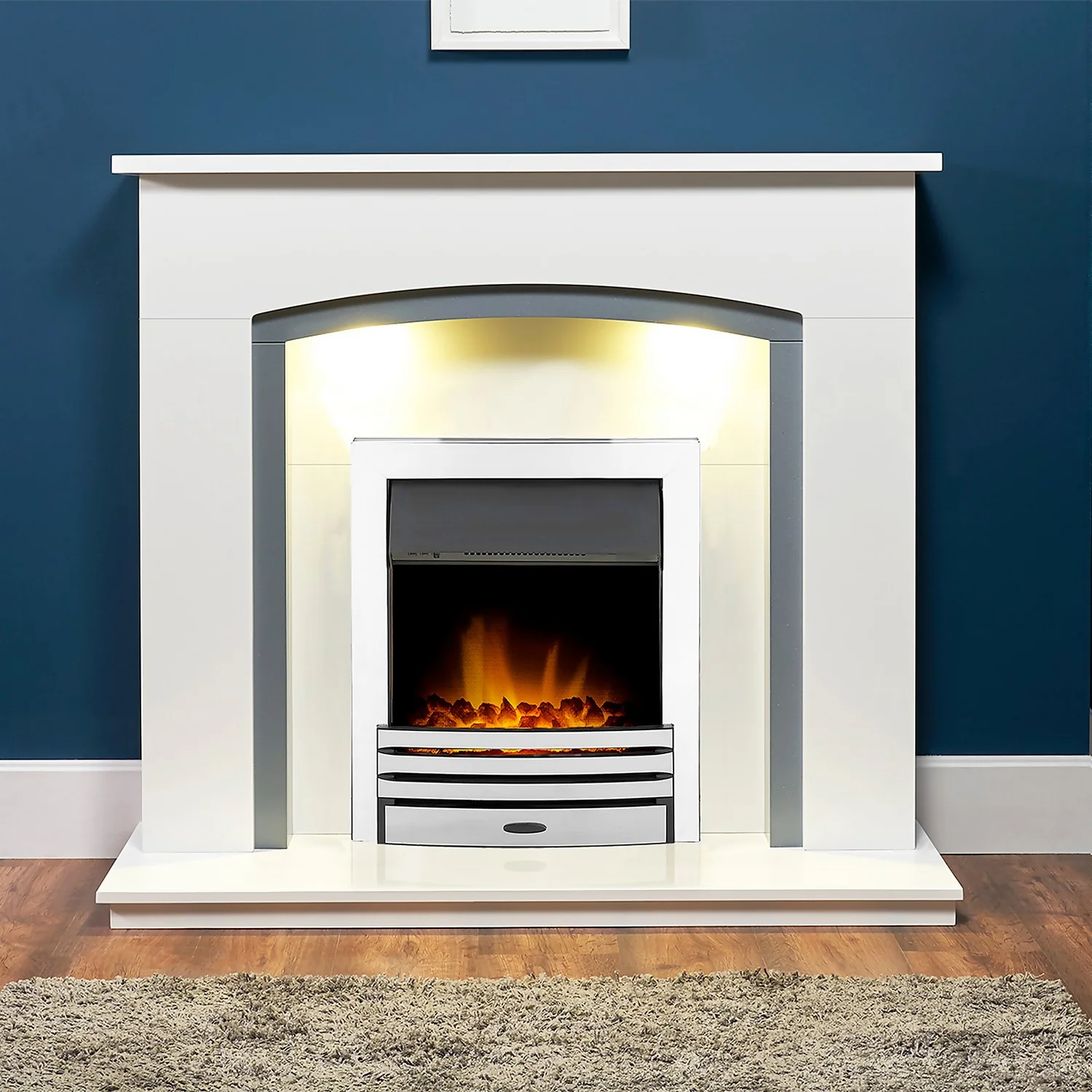 Αδάμ Adam Savanna Fireplace In Pure White & Grey With Downlights & Eclipse Electric Fire With Inset Fitting In Chrome, 48 Inch 5 Αδάμ Adam Savanna Fireplace In Pure White & Grey With Downlights & Eclipse Electric Fire With Inset Fitting In Chrome, 48 Inch - Image 5