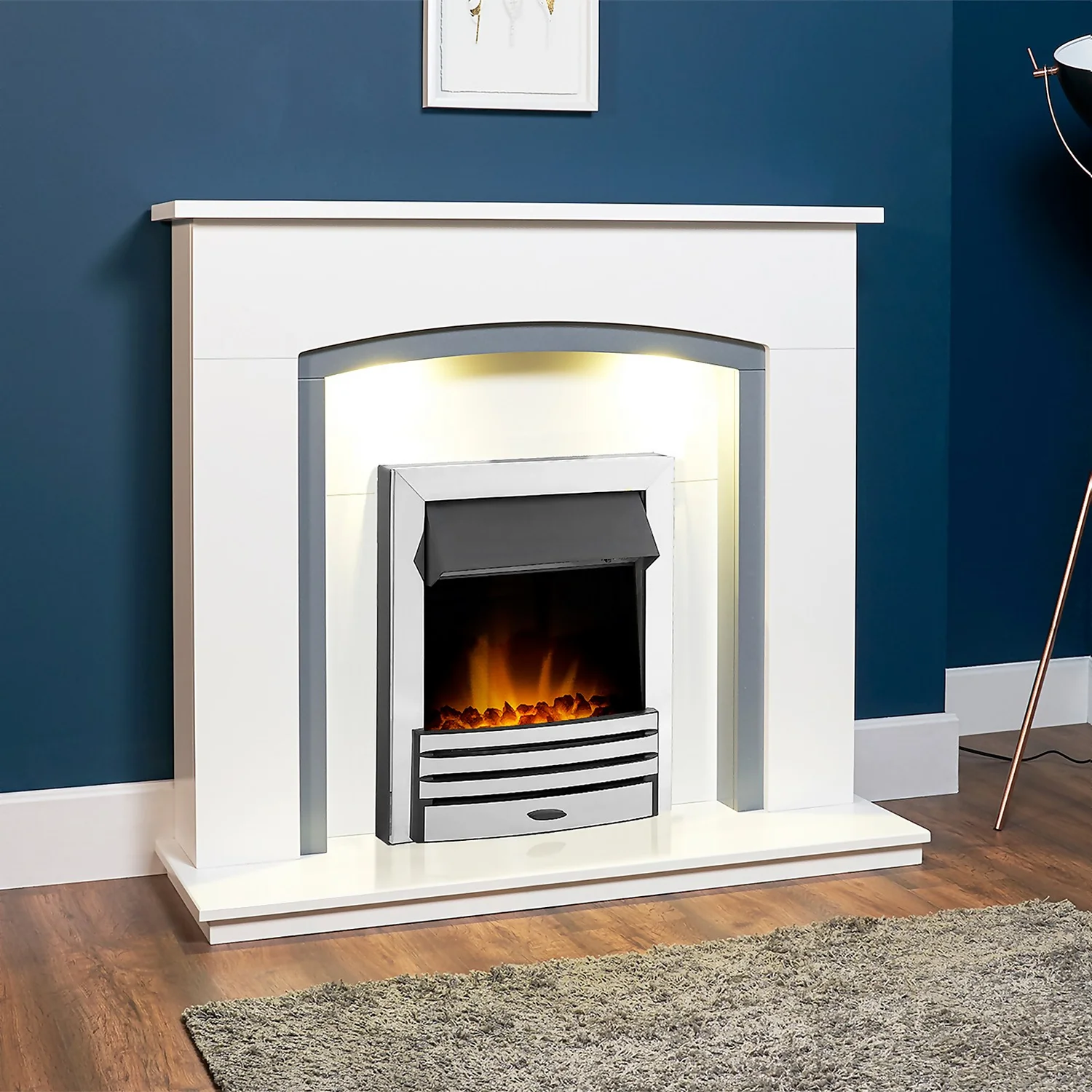 Αδάμ Adam Savanna Fireplace In Pure White & Grey With Downlights & Eclipse Electric Fire With Inset Fitting In Chrome, 48 Inch 2 Αδάμ Adam Savanna Fireplace In Pure White & Grey With Downlights & Eclipse Electric Fire With Inset Fitting In Chrome, 48 Inch - Image 2