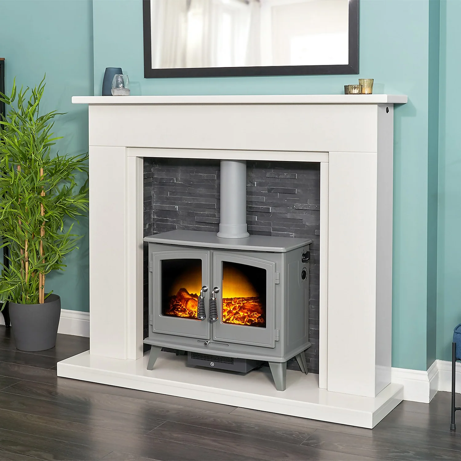 Acantha Miramar White Marble Stove Fireplace With Downlights & Woodhouse Electric Stove In Grey, 54 Inch 2 Acantha Miramar White Marble Stove Fireplace With Downlights & Woodhouse Electric Stove In Grey, 54 Inch - Image 2