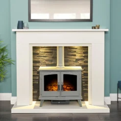 Acantha Miramar White Marble Stove Fireplace With Downlights & Woodhouse Electric Stove In Grey, 54 Inch 11 Acantha Miramar White Marble Stove Fireplace With Downlights & Woodhouse Electric Stove In Grey, 54 Inch -None || EGLO || Energizer Sales 14199619 1905009418289449