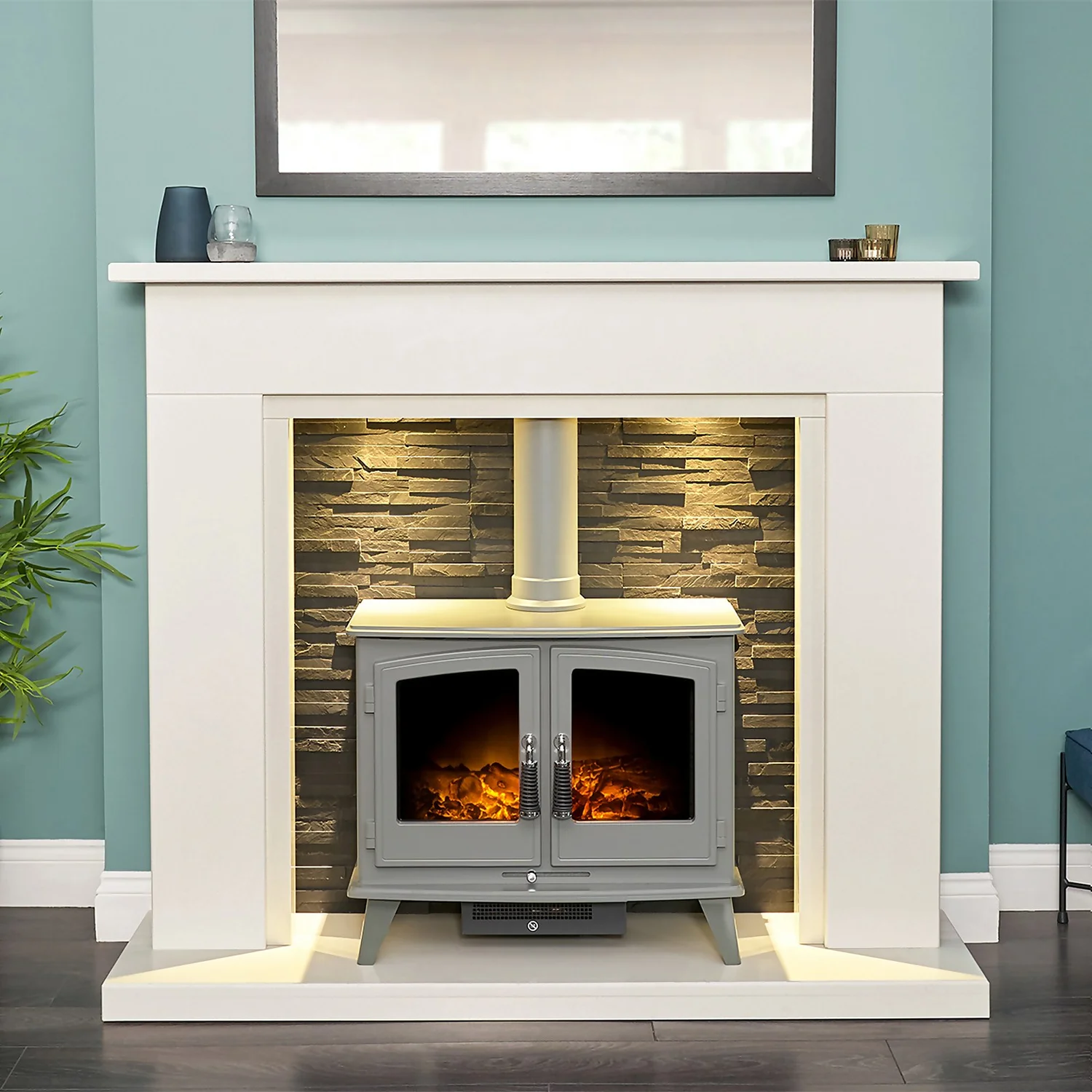 Acantha Miramar White Marble Stove Fireplace With Downlights & Woodhouse Electric Stove In Grey, 54 Inch 5 Acantha Miramar White Marble Stove Fireplace With Downlights & Woodhouse Electric Stove In Grey, 54 Inch - Image 5