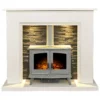 Acantha Miramar White Marble Stove Fireplace With Downlights & Woodhouse Electric Stove In Grey, 54 Inch