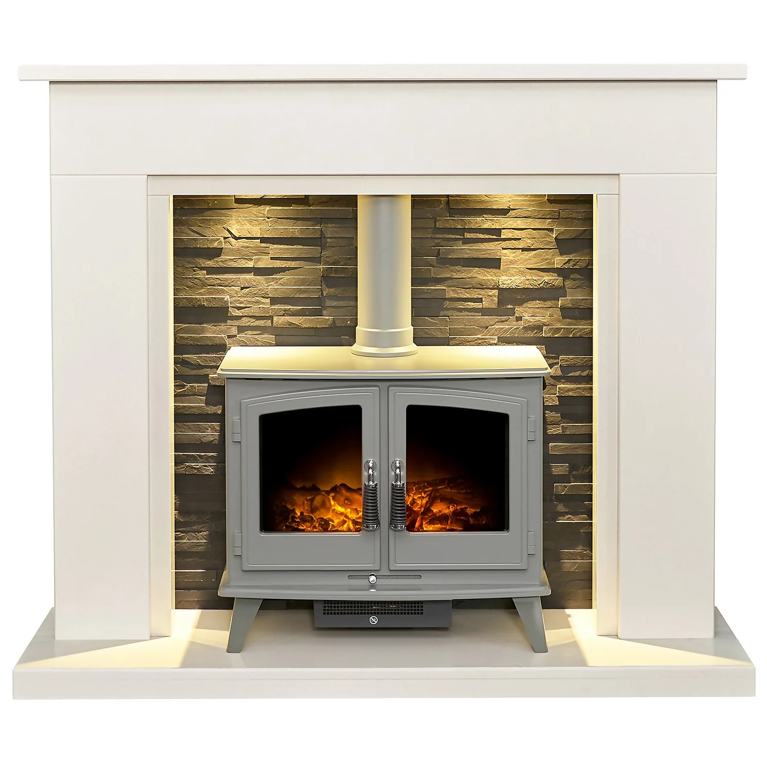 Acantha Miramar White Marble Stove Fireplace With Downlights & Woodhouse Electric Stove In Grey, 54 Inch 1 Acantha Miramar White Marble Stove Fireplace With Downlights & Woodhouse Electric Stove In Grey, 54 Inch