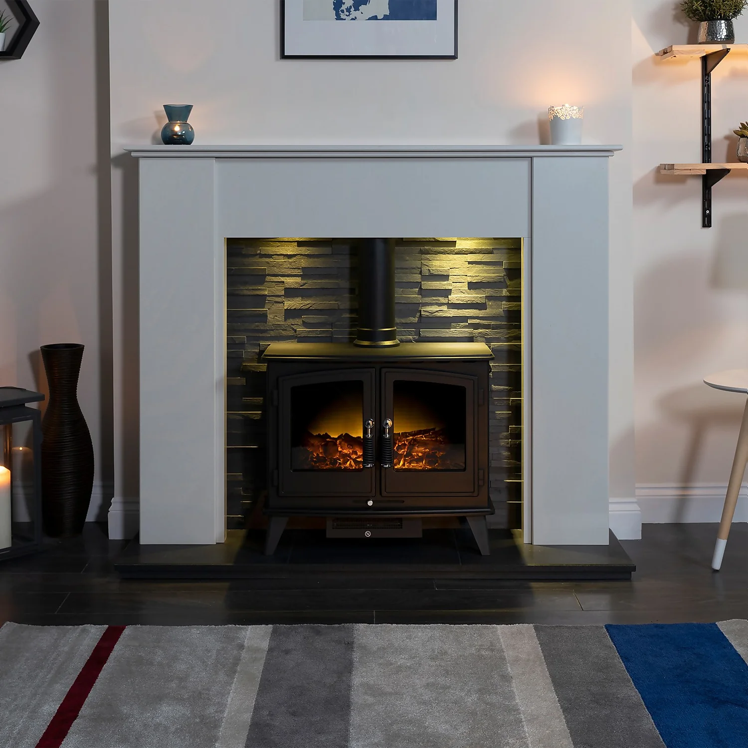 Acantha Montara Crystal White Marble Fireplace With Downlights & Woodhouse Electric Stove In Black, 54 Inch 5 Acantha Montara Crystal White Marble Fireplace With Downlights & Woodhouse Electric Stove In Black, 54 Inch - Image 5