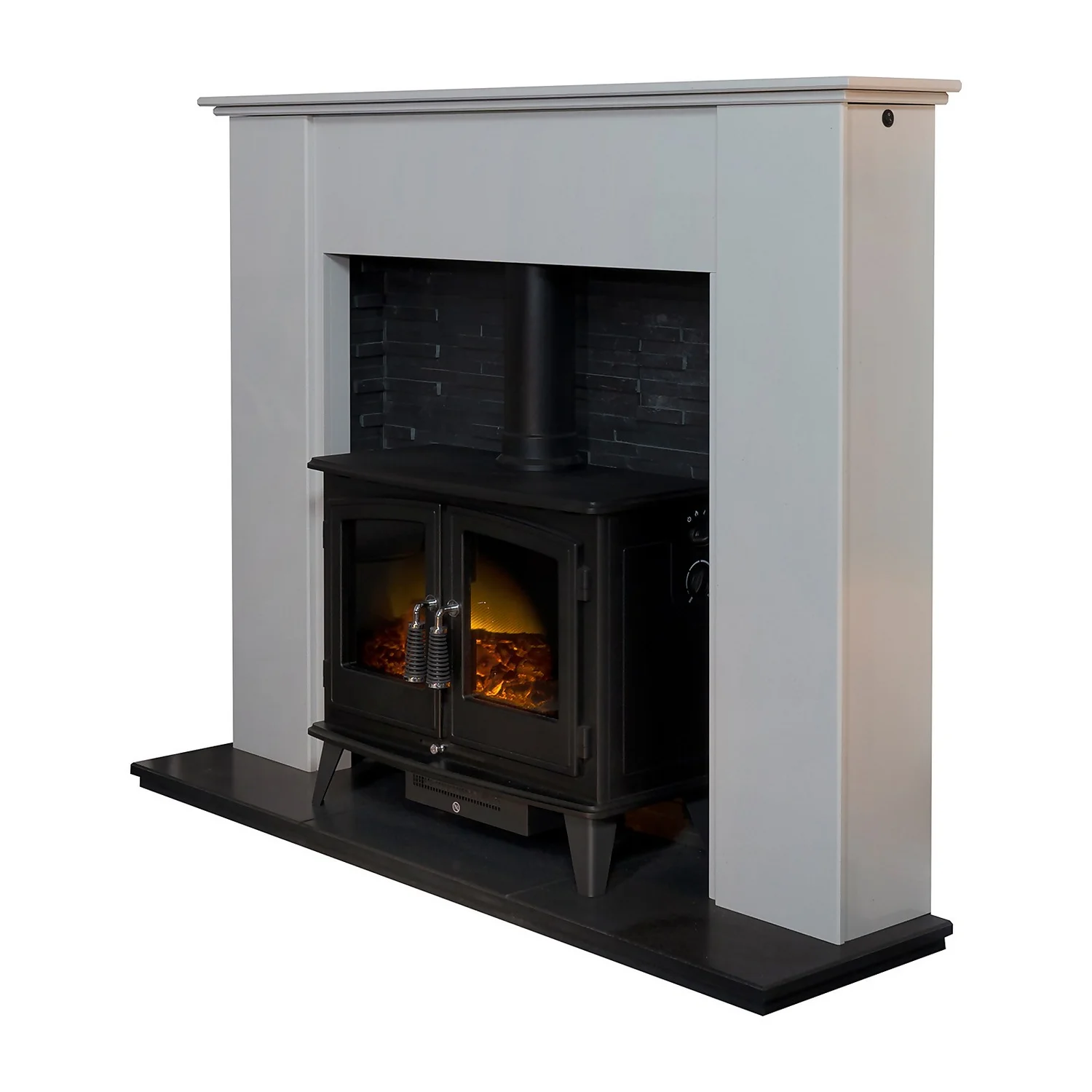 Acantha Montara Crystal White Marble Fireplace With Downlights & Woodhouse Electric Stove In Black, 54 Inch 4 Acantha Montara Crystal White Marble Fireplace With Downlights & Woodhouse Electric Stove In Black, 54 Inch - Image 4