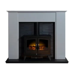 Acantha Montara Crystal White Marble Fireplace With Downlights & Woodhouse Electric Stove In Black, 54 Inch