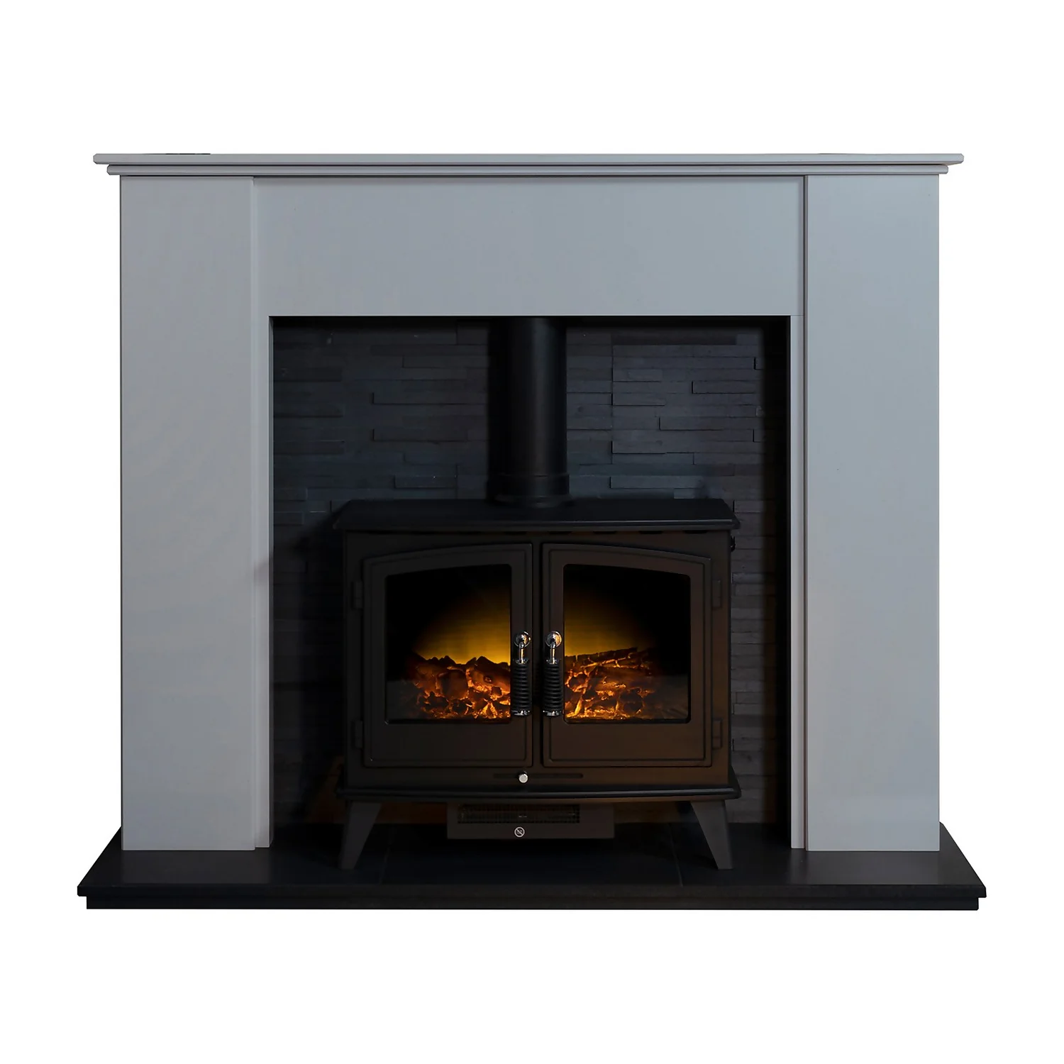 Acantha Montara Crystal White Marble Fireplace With Downlights & Woodhouse Electric Stove In Black, 54 Inch 1 Acantha Montara Crystal White Marble Fireplace With Downlights & Woodhouse Electric Stove In Black, 54 Inch