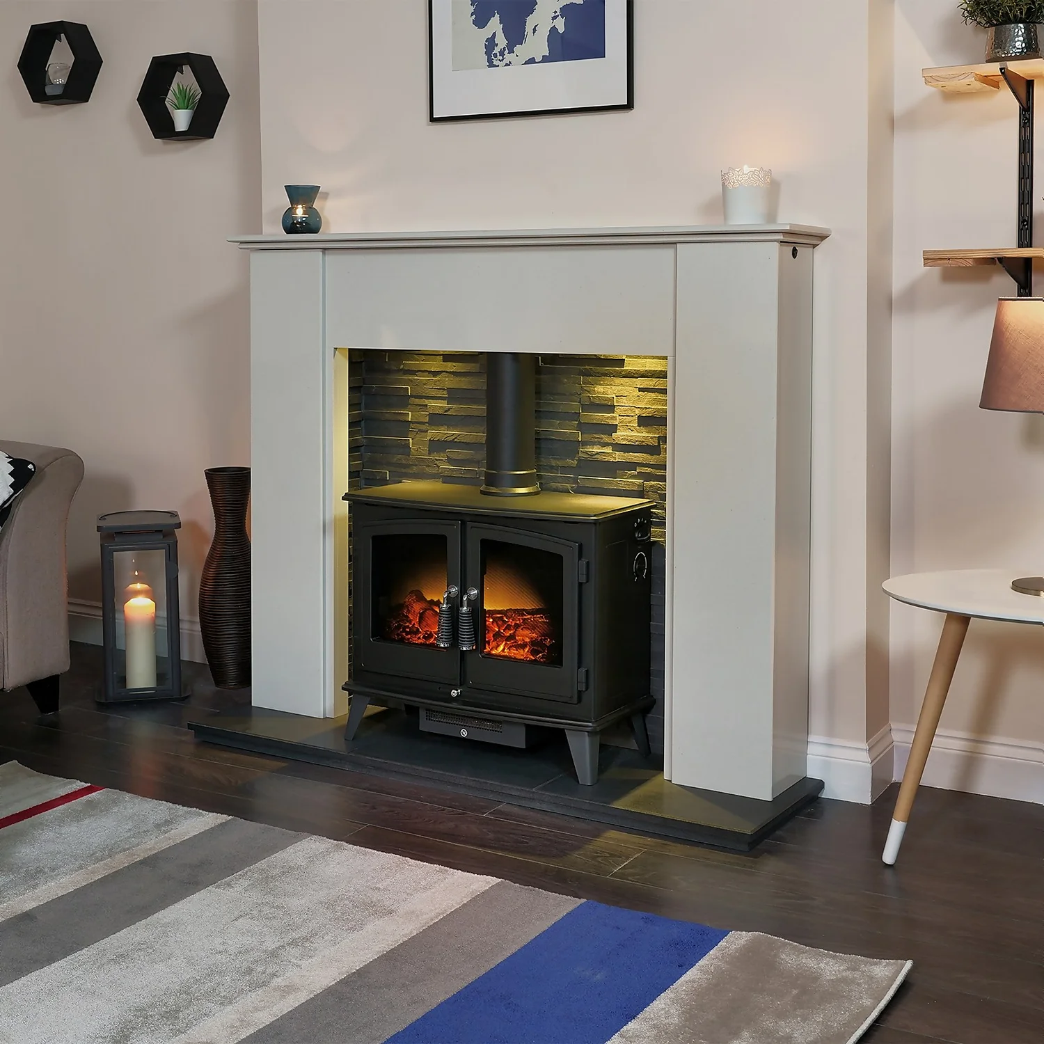 Acantha Montara Crystal White Marble Fireplace With Downlights & Woodhouse Electric Stove In Black, 54 Inch 2 Acantha Montara Crystal White Marble Fireplace With Downlights & Woodhouse Electric Stove In Black, 54 Inch - Image 2